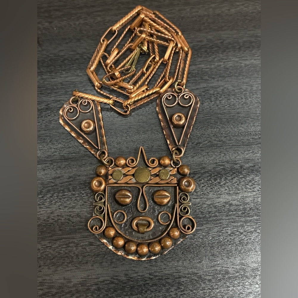 Vintage 1960s Copper Brass Tribal Mask Necklace 16” Mexican Artisan